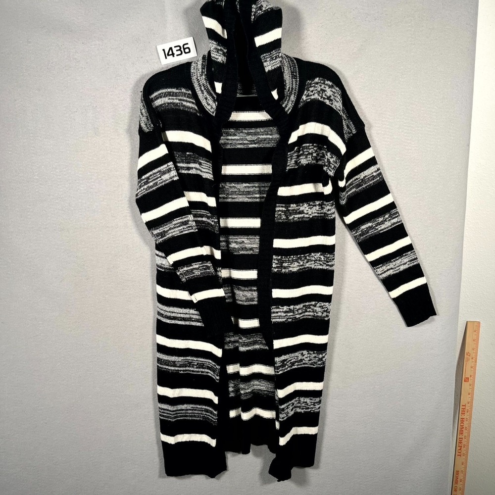 Evelyn Taylor‎ Cardigan Sweater Womens Large Black White Striped Acrylic Hooded